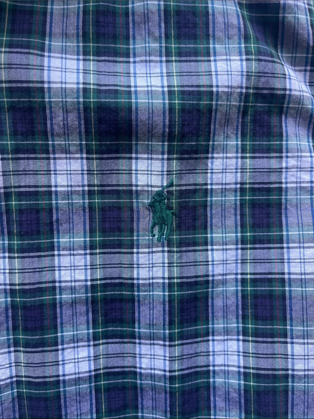Ralph Lauren Boys Size 10-12 Navy, Green & White Plaid Button-Down Shirt